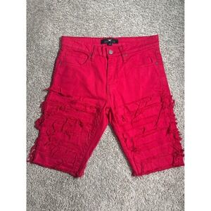 Legacy Edition Mens Red Heavily Distressed Denim Shorts Streetwear Size 32